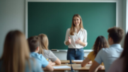 A blurry image from the back of an elementary school classroom shows students facing forward, while a teacher stands near a whiteboard teaching.
