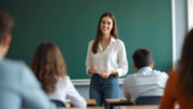 A blurry image from the back of an elementary school classroom shows students facing forward, while a teacher stands near a whiteboard teaching.