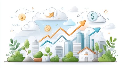 Financial Growth Illustration: Rising Arrows, Cityscape & Investments