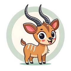 Obraz premium Adorable Chibi Baby Kudu Antelope With Spiral Streamer Horns, Kawaii Cute Cartoon Wildlife Calf Character, Whimsical Fantasy Jungle Animal Illustration