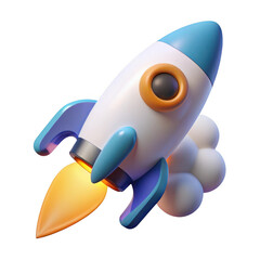 Cute cartoon rocket ship blasting off with smoke and flames isolated on transparent background