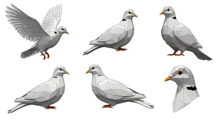 Fototapeta premium A collection of white dove illustrations in various poses, including flying, standing, and a detailed headshot.
