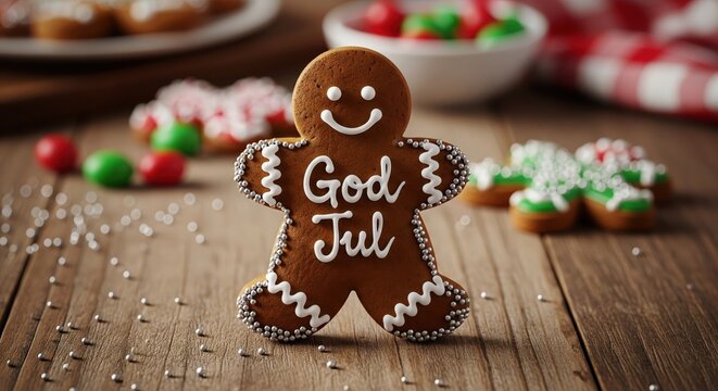 "God Jul" Gingerbread Cookie with Christmas Treats.