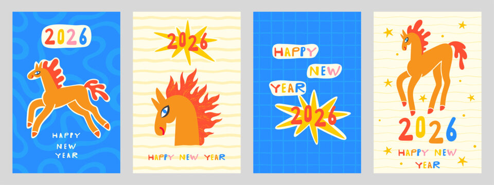Happy New Year 2026 hand drawn greeting card poster rectangle templates set. Cartoon comic playful trendy handlettering. Cute quirky naive modern style chinese zodiac symbol fire horse illustration