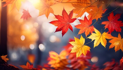 Fototapeta premium red and yellow maple leaves with soft focus light and bokeh background