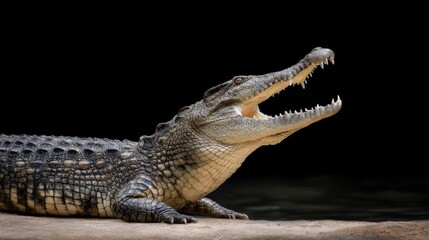 Obraz premium Close-Up of an Open-Mouthed Crocodile on Dark Background