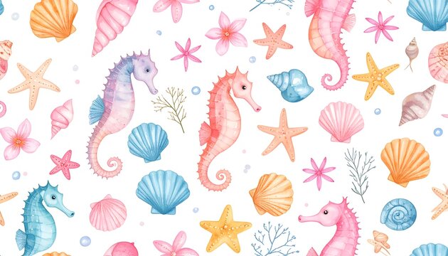 Watercolor sea creatures and shells