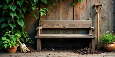 Rustic Wooden Bench in a Garden Setting with Gardening Tools and Potted Plants