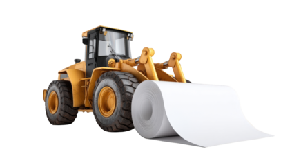 Construction vehicle carrying a large roll of white material