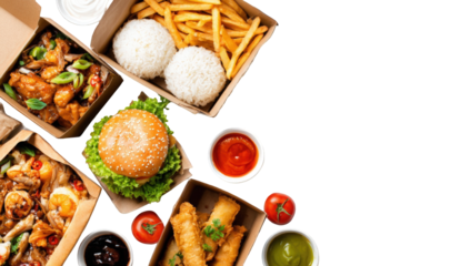 Assorted takeout containers with various foods