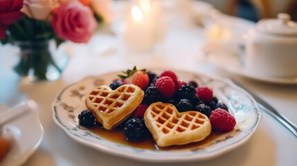 Heart-Shaped Waffles with Berries and Maple Syrup on a Table