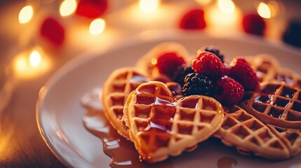 Heart-Shaped Waffles with Berries and Maple Syrup on Plate
