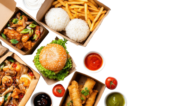 Assorted takeout containers with various foods
