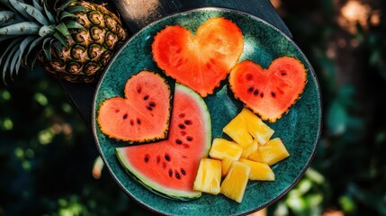 Heart-Shaped Watermelon and Pineapple on Decorative Plate