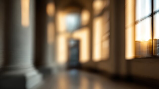 Sunlight streaming through windows, long corridor lined with architectural columns, soft focus rendering warm, serene architectural interior with golden evening glow