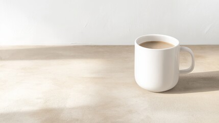 A simple white coffee cup in natural light with dramatic shadows.