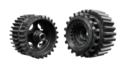 Two close-up, detailed gear wheels