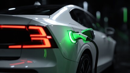 Naklejka premium White electric car charging at a station, with a green light indicating successful charging, promoting sustainable transportation and eco friendly practices
