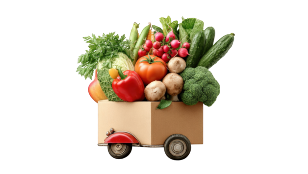 Fresh produce in a cardboard box on wheels