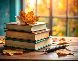  Autumn books stacked on a wooden table with fall leaves and a pen near a sunny window