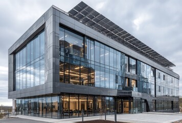 Modern, glass-fronted office building with solar panels