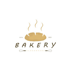 Bakery logo design vector, label bread making production, pretzel bread logo, with rolling pin and whisk