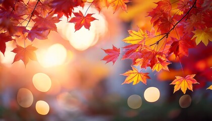 red and yellow maple leaves with soft focus light and bokeh background