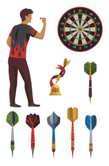 Darts items, elements with darts man, dart, arrow, dartboard, trophy shield for sport and leisure theme design