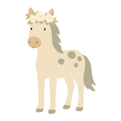Cute horse wearing flower crown, adorable farm animal illustration