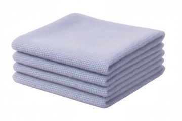 Four purple microfiber cleaning cloths neatly folded and stacked, ready for household chores, with transparent background