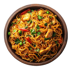 Delicious chicken and vegetable noodles in a wooden bowl a tasty Asian meal