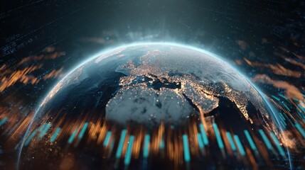 Planet earth rotating in space with highlighted europe and north africa at night and futuristic digital information and data flowing around the sphere