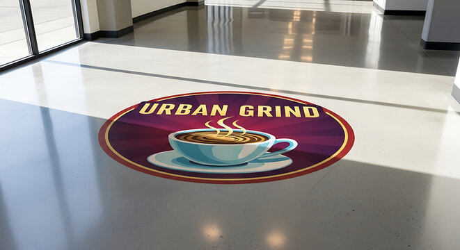 Urban grind coffee logo on the floor of a modern building lobby