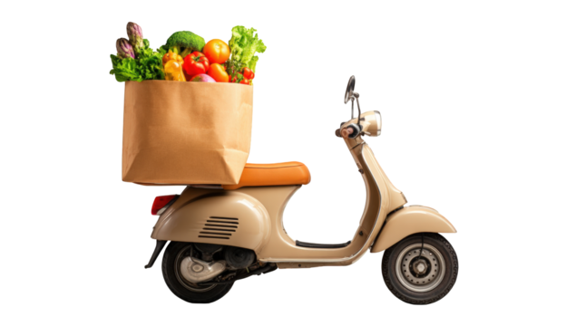 A light beige scooter carrying a brown paper bag of fresh produce