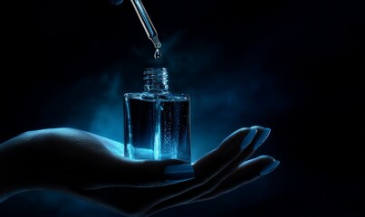 A hand holds a glass bottle with a dropper above it. A drop is falling from the dropper. The scene is lit with blue light against a dark background.