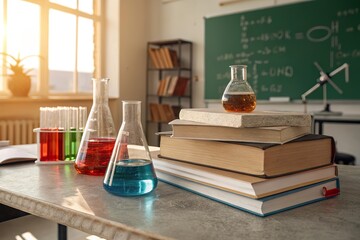 Laboratory scene with colorful liquids in flasks, books stacked on a table, sunlight streaming in