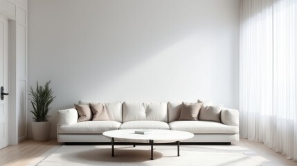 White wall living room with warm wood panel accent and diagonal light