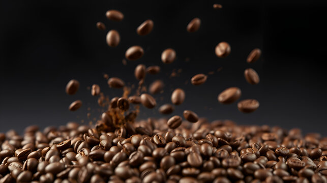 The coffee beans spin rotate quickly fast fly, dispart, splash to the sides with centrifugal coriolis force. Coffee beans twist, create pattern.