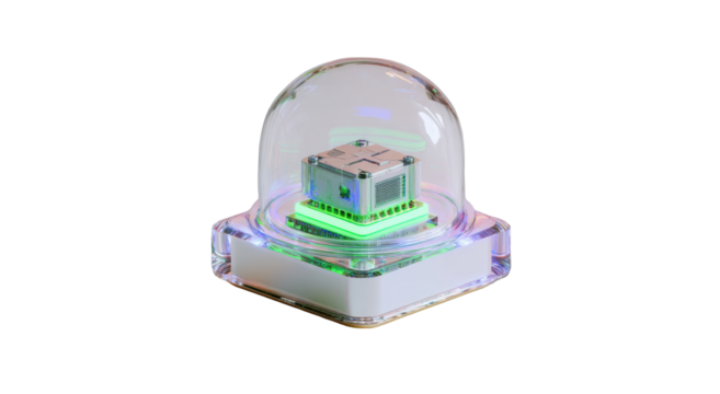 A transparent dome protects a small circuit board