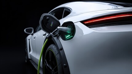 White electric sports car charging at station, green cable connected, illuminated port showcasing clean energy infrastructure and modern sustainable mobility