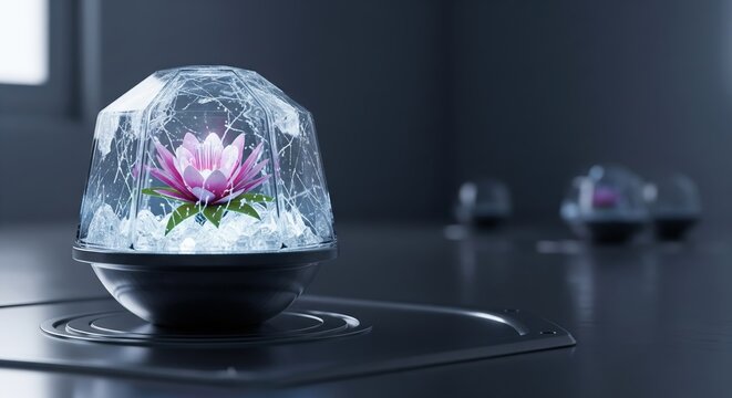 Generative AI Art Lotus Bloom Frozen in Digital Crystal Sculpture Representing Algorithmic Creation and Synthetic Nature - Powered by Adobe