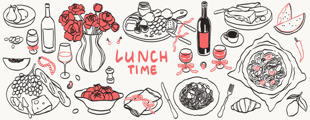 Hand drawn line ink romantic dinner illustrations. Lunch in black and red colors in sketch ink style. Wine, flowers in vase illustrations for wedding party invitations, menus and prints. Romantic date