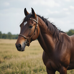 Obraz premium Majestic brown horse stands in a grassy field, wearing a brown bridle.