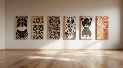 Fototapeta premium Contemporary tribal art in minimalist gallery interior for cultural design inspiration