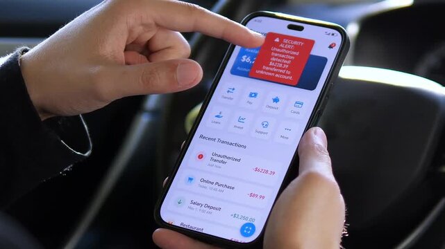 Hands react to a sudden security alert in a banking app, showing confusion and concern over an unauthorized transaction. Essential for cybersecurity awareness, finance tutorials, or dramatic
