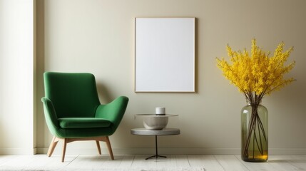 blank frame mockup above green armchair with side table and tea set, cozy sunlit corner