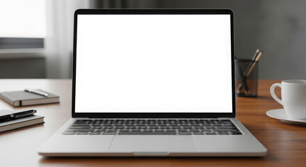 Fototapeta premium A laptop with a blank white screen sits on a wooden desk next to a notebook and a cup of coffee