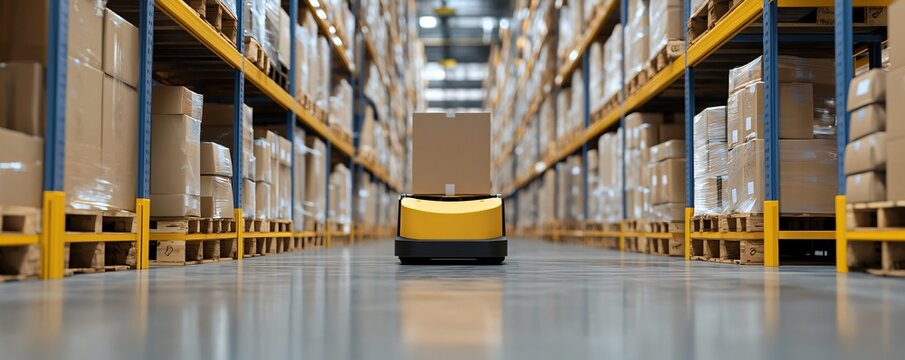 Smart logistics warehouse with automated guided vehicles transporting packages, wide angle shot showing efficiency and modern technology.