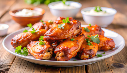 Fototapeta premium Close-up of crispy buffalo chicken wings coated in spicy hot sauce, garnished with fresh parsley, served on rustic wooden table with ranch and blue cheese dipping sauces