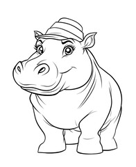 Coloring, coloring the animal world, a hippopotamus in a hat.